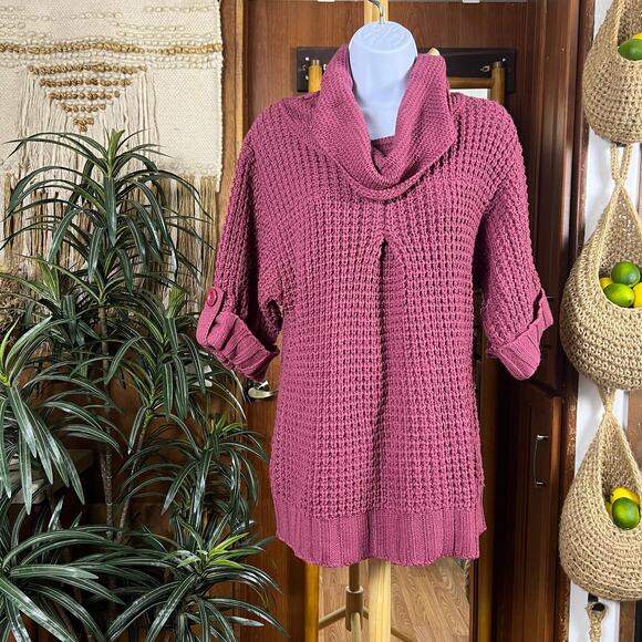 Y2K Cowl Neck Sweater M | Berry Burgundy Vintage Chunky Waffle Knit Soft Grunge - Picture 1 of 11